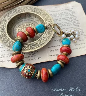 Red sponge coral, kingman turquoise, nepal bead, Indonesian glass, pearls, African brass, bracelet