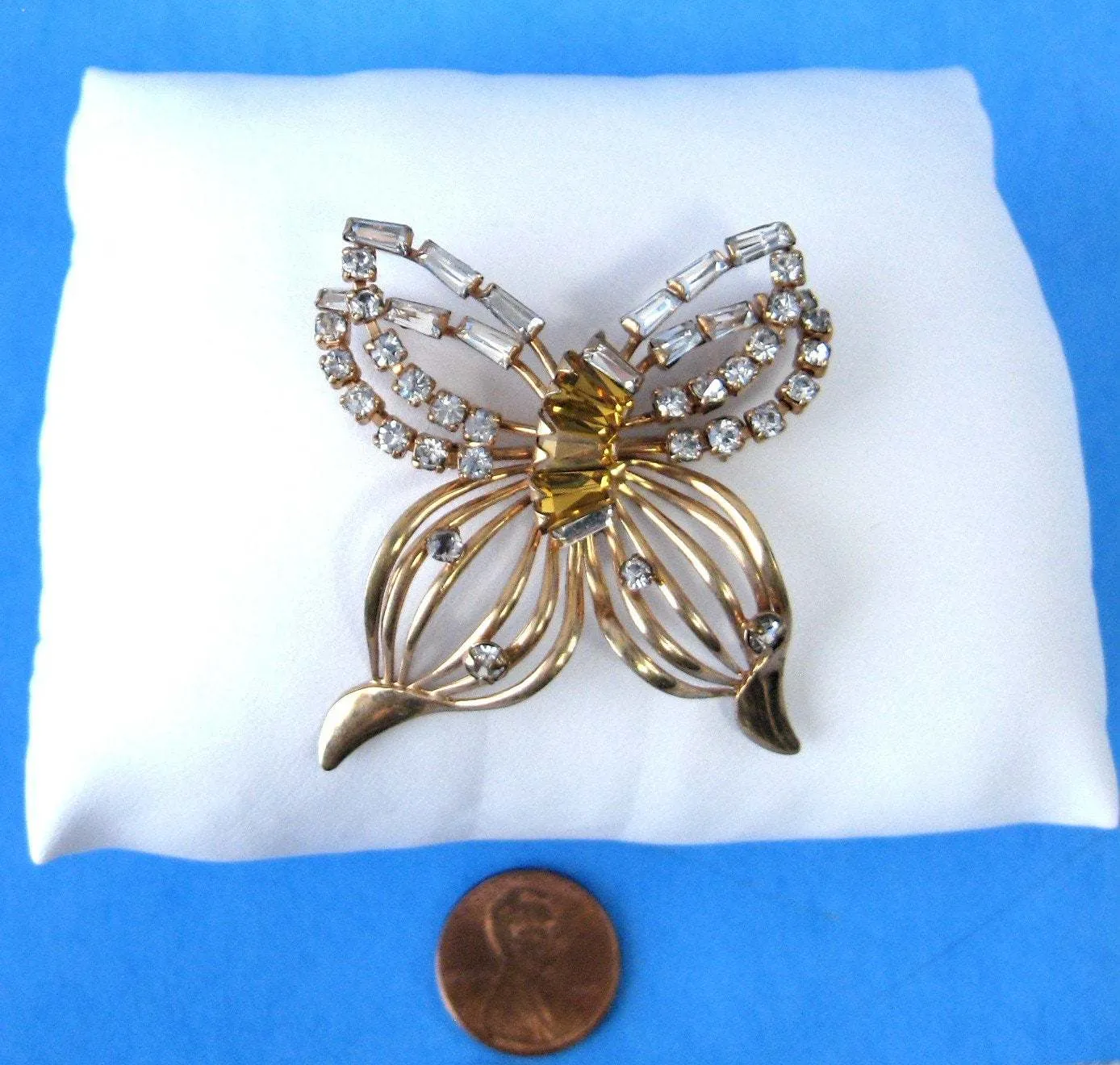 Rhinestone Butterfly Necklace Convertible Pin Pendant Phyllis Amber Filigree 50s