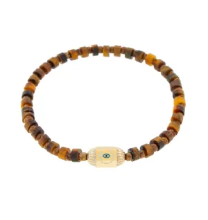 Ribbed Hexagon Bolt with Enameled Hamsa on Tiger's Eye Bracelet