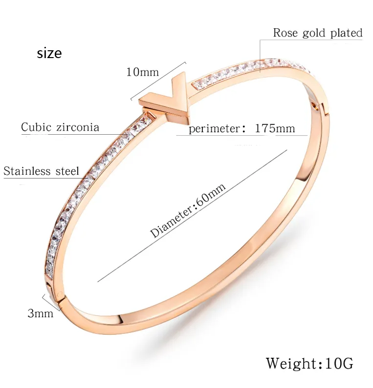 Rose Gold Diamond V-shaped Pendant Bangle Bracelet