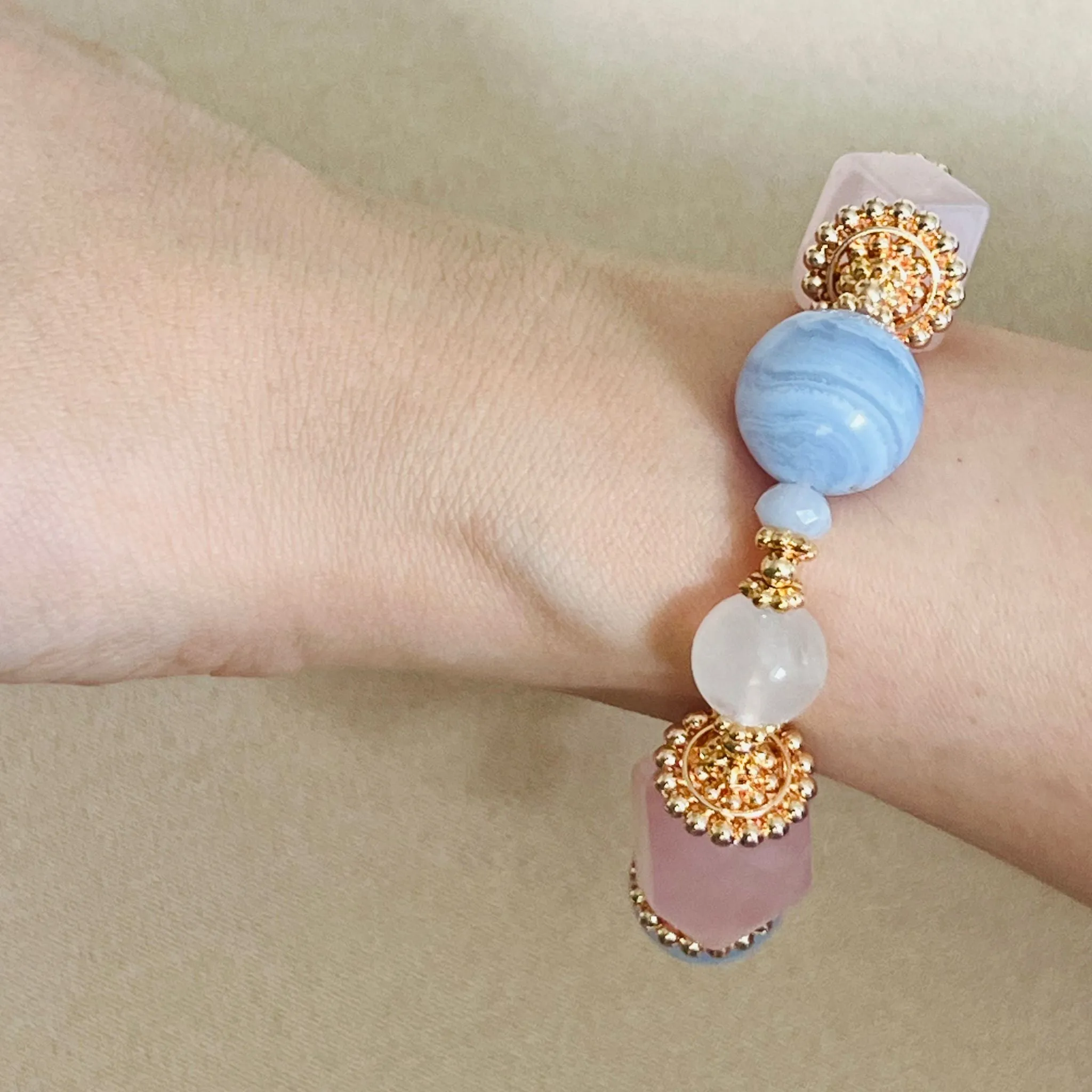 Rose Quartz, Blue Lace Agate & Moonstone Bracelet