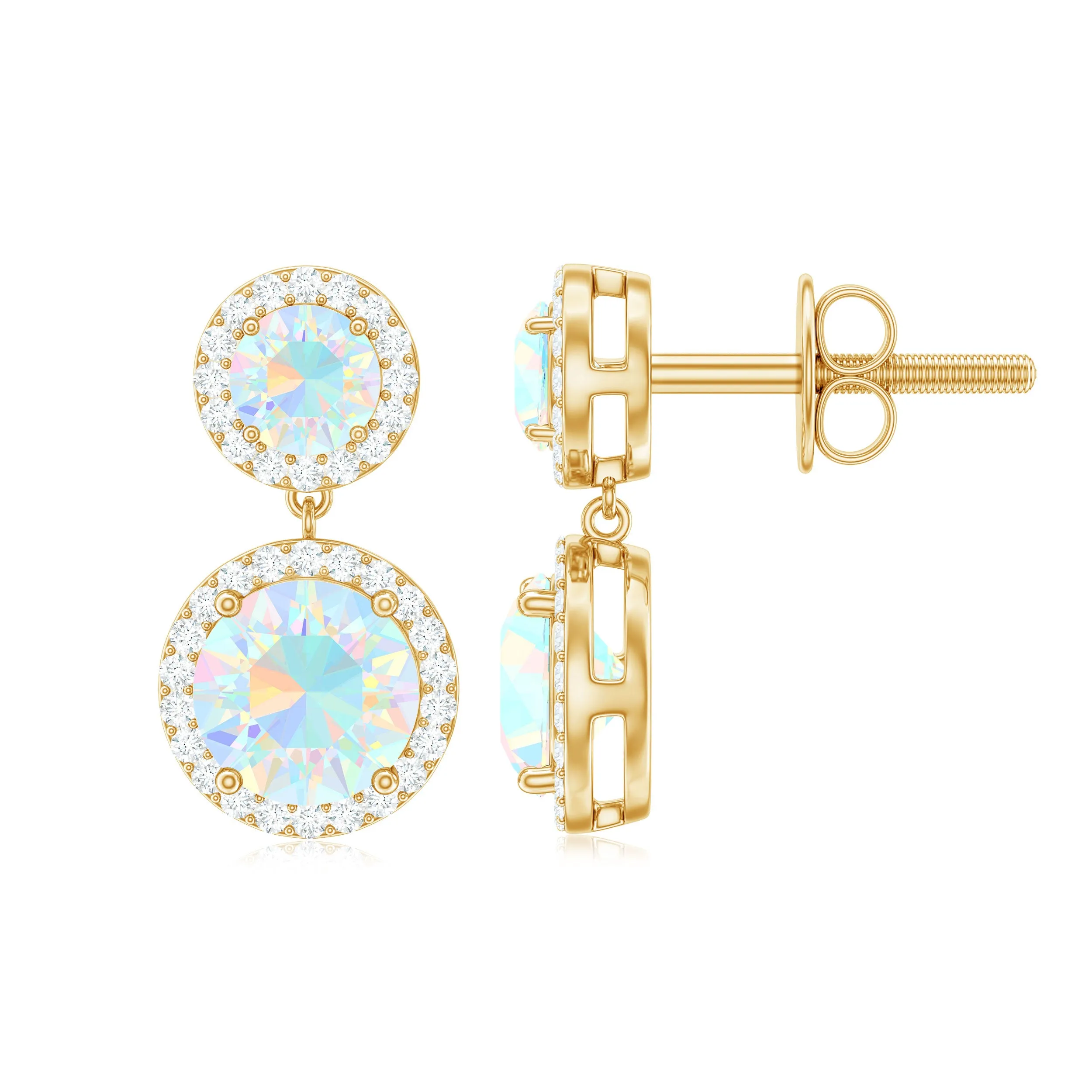 Round Ethiopian Opal and Diamond Halo Dangle Earrings