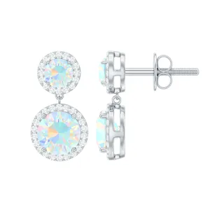 Round Ethiopian Opal and Diamond Halo Dangle Earrings