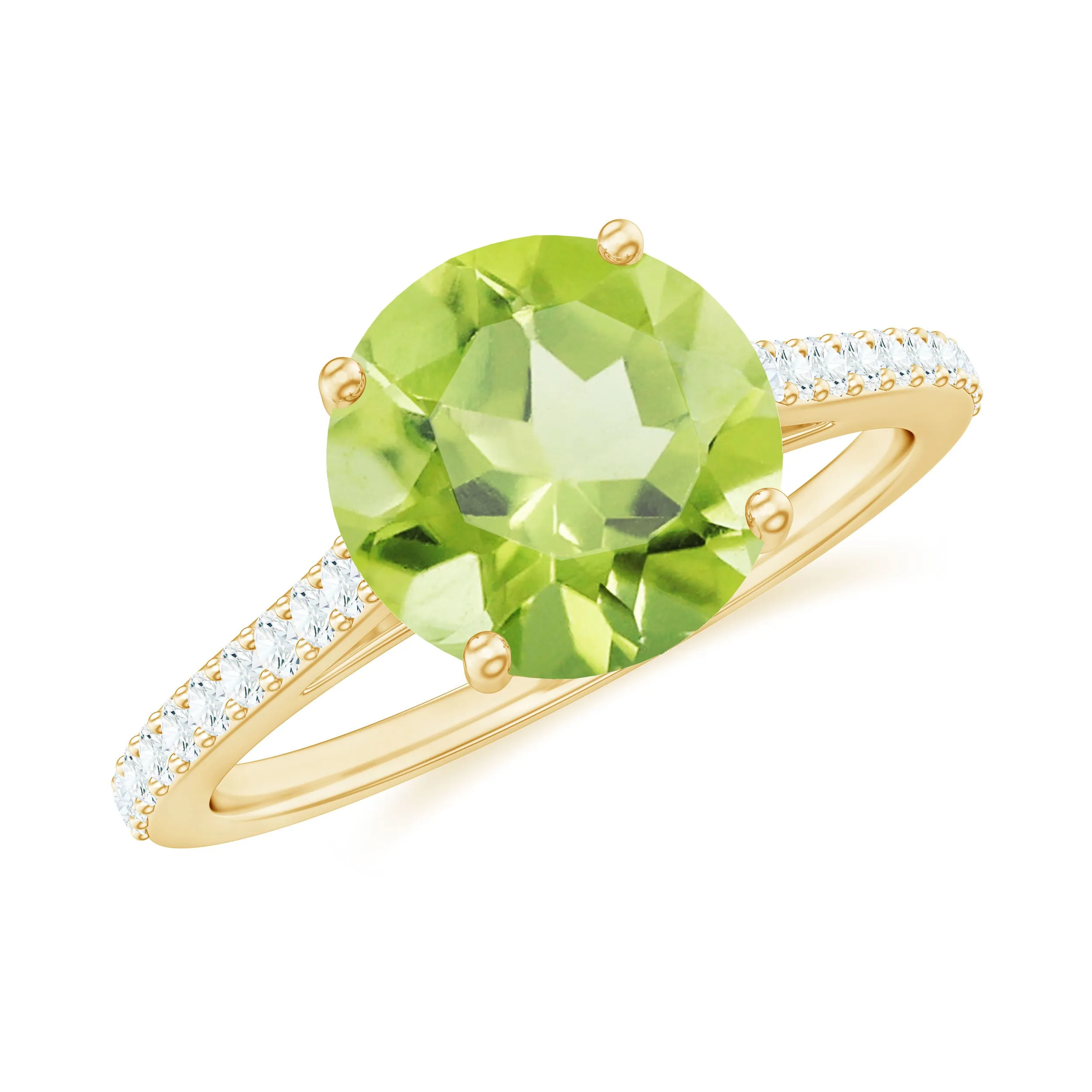 Round Peridot Solitaire Engagement Ring with Diamond Side Stones