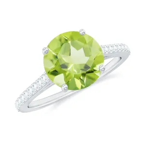 Round Peridot Solitaire Engagement Ring with Diamond Side Stones