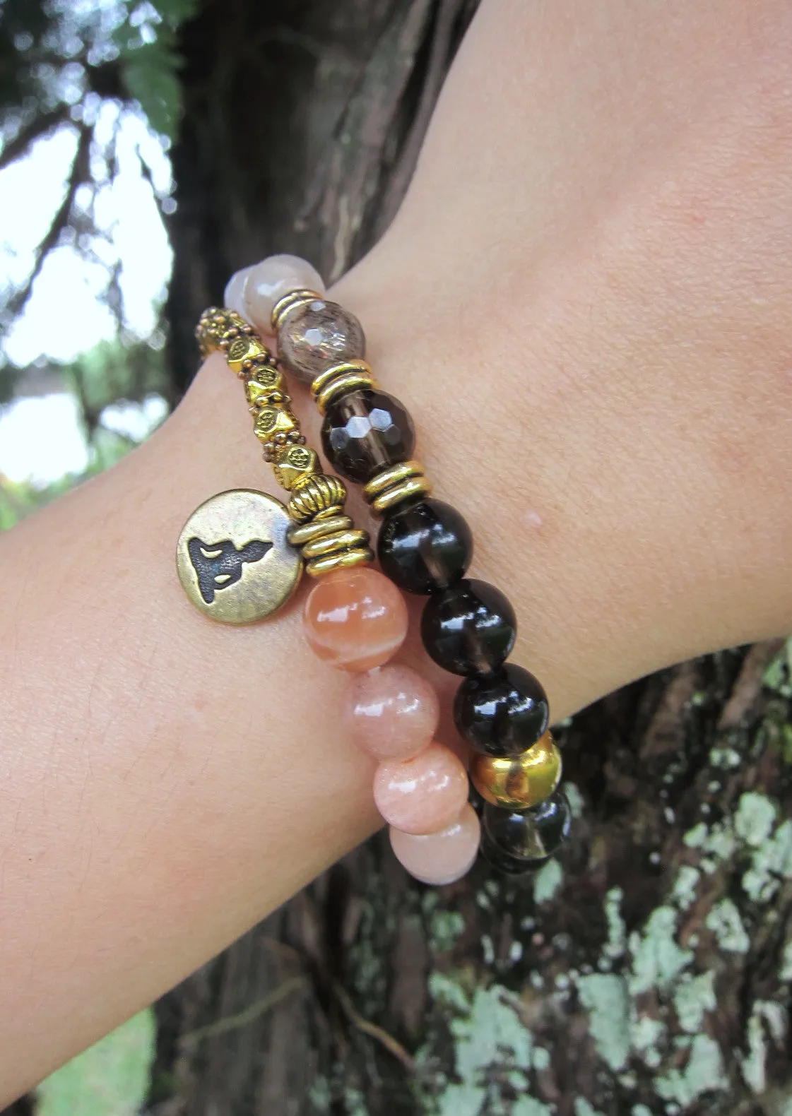 SALE - 27 Bead Wrist Energy Mala Bracelet in Quartz and Sunstone