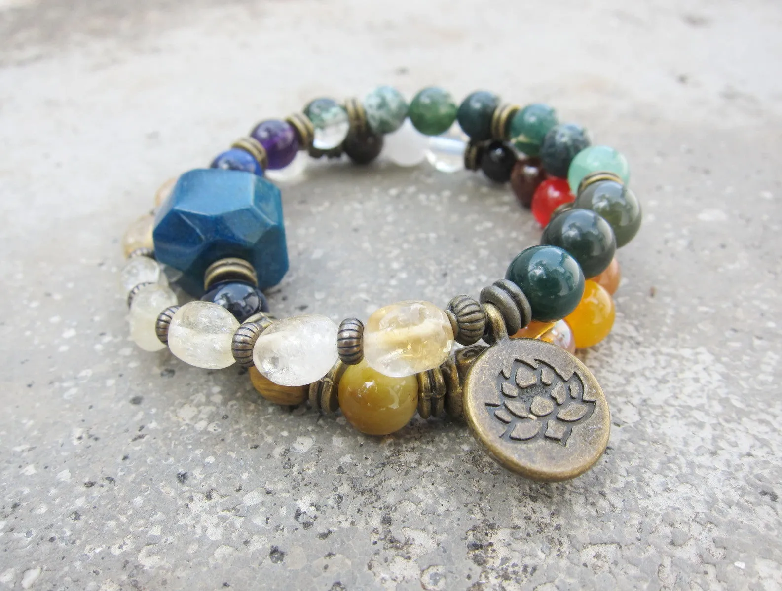 SALE - 7 Chakra Stone Mala Bracelet with Lotus Charm