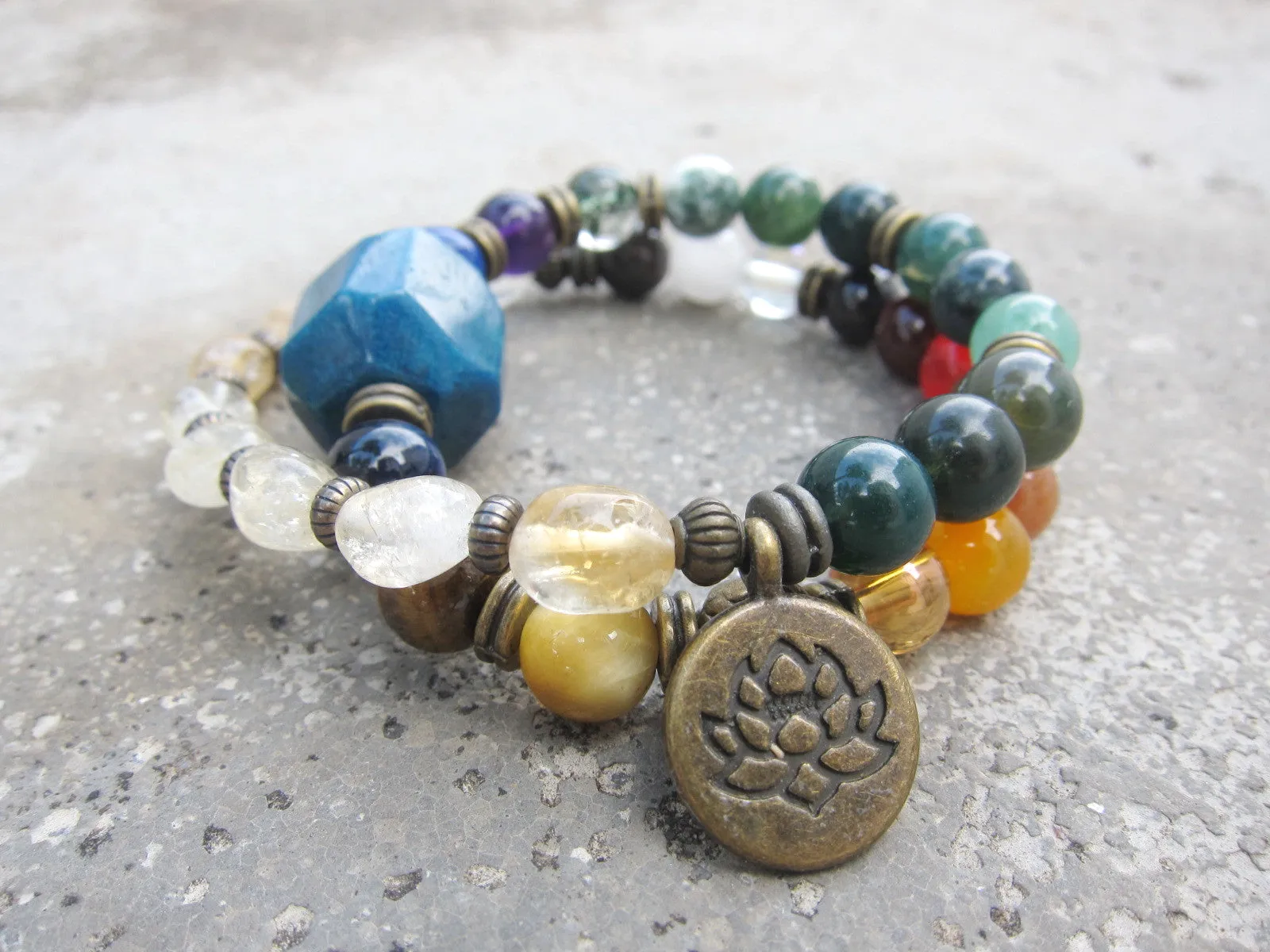 SALE - 7 Chakra Stone Mala Bracelet with Lotus Charm