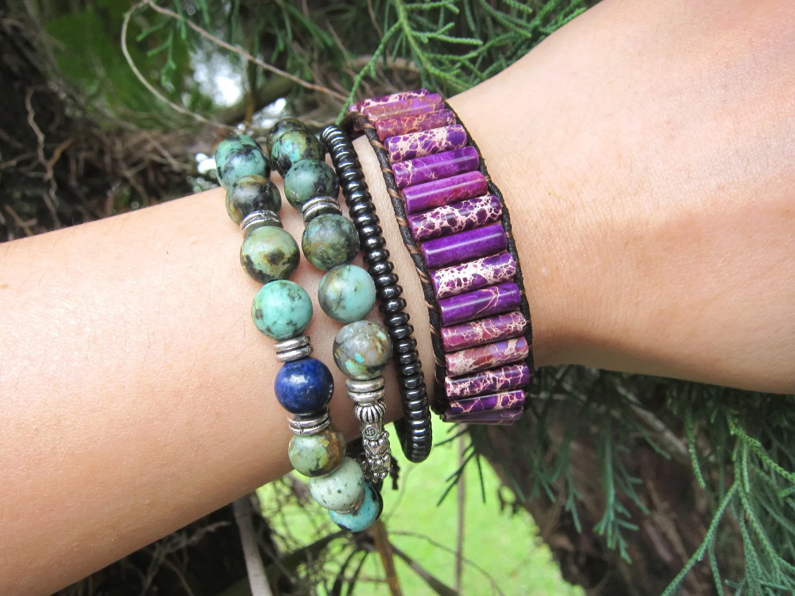 SALE - Purple Imperial Jasper Beaded Leather Bracelet