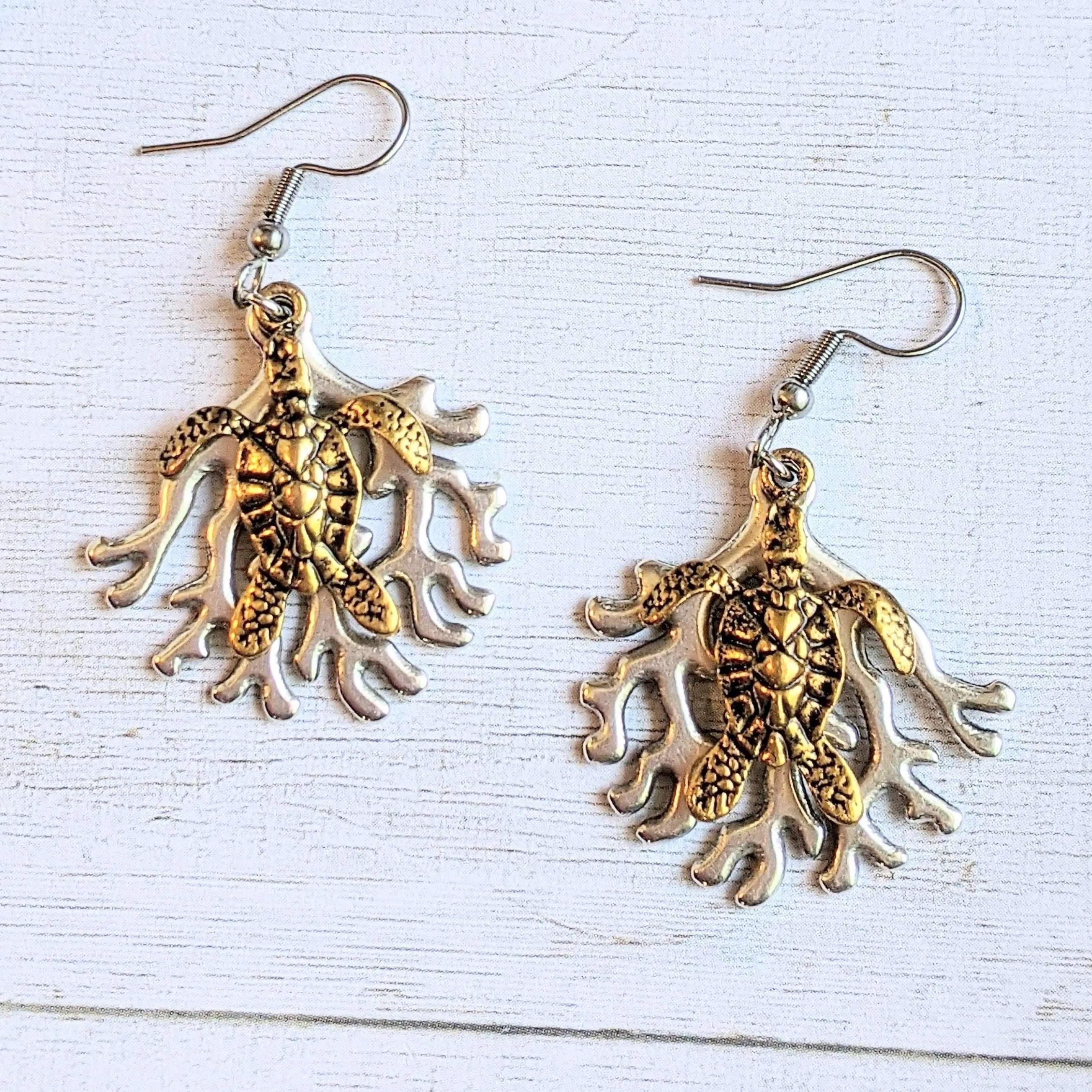 Sea Turtle & Coral dangle earrings, Two-Tone