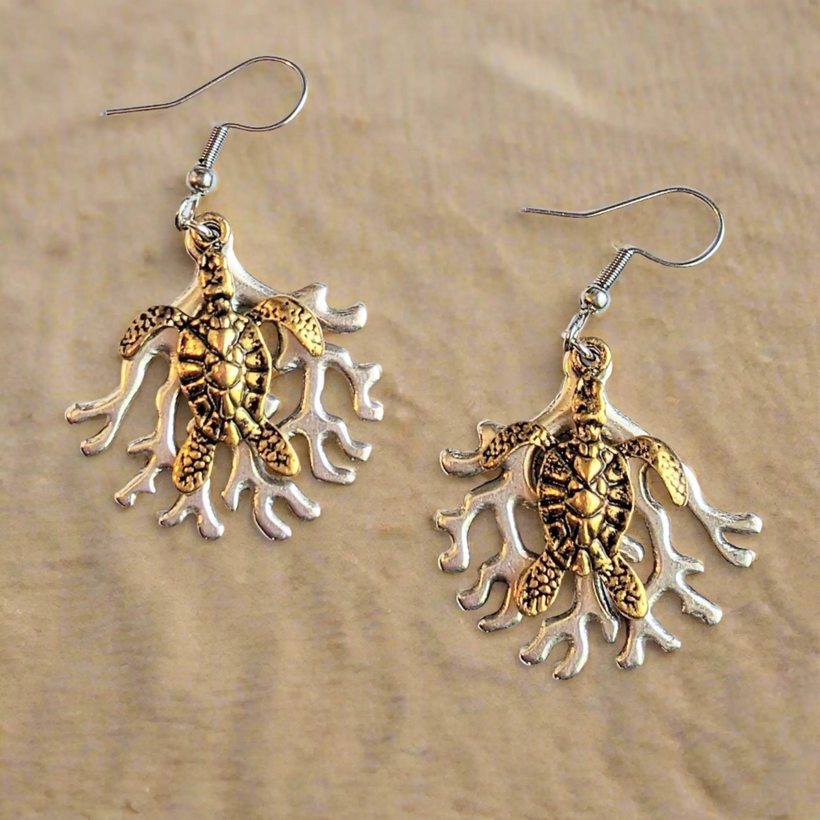 Sea Turtle & Coral dangle earrings, Two-Tone