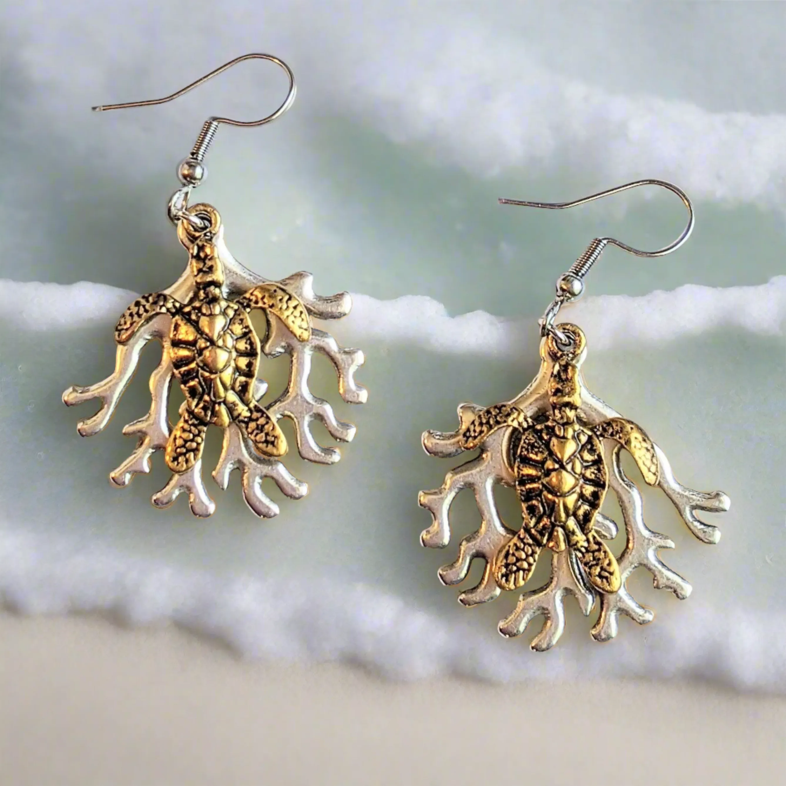 Sea Turtle & Coral dangle earrings, Two-Tone