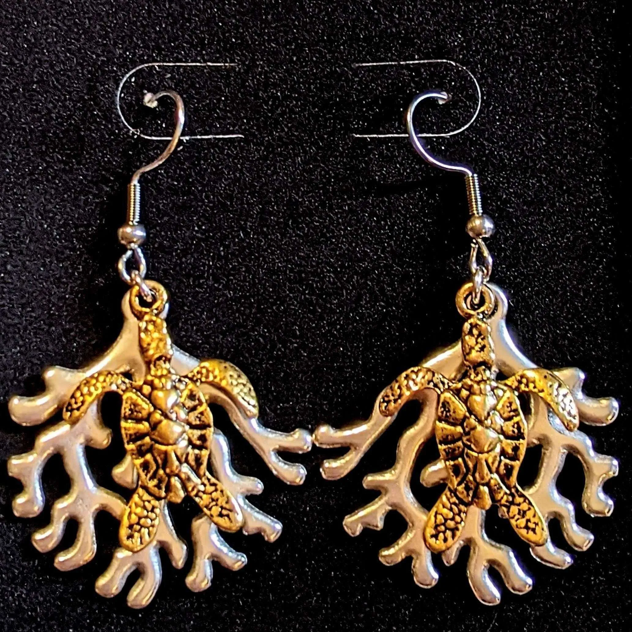 Sea Turtle & Coral dangle earrings, Two-Tone