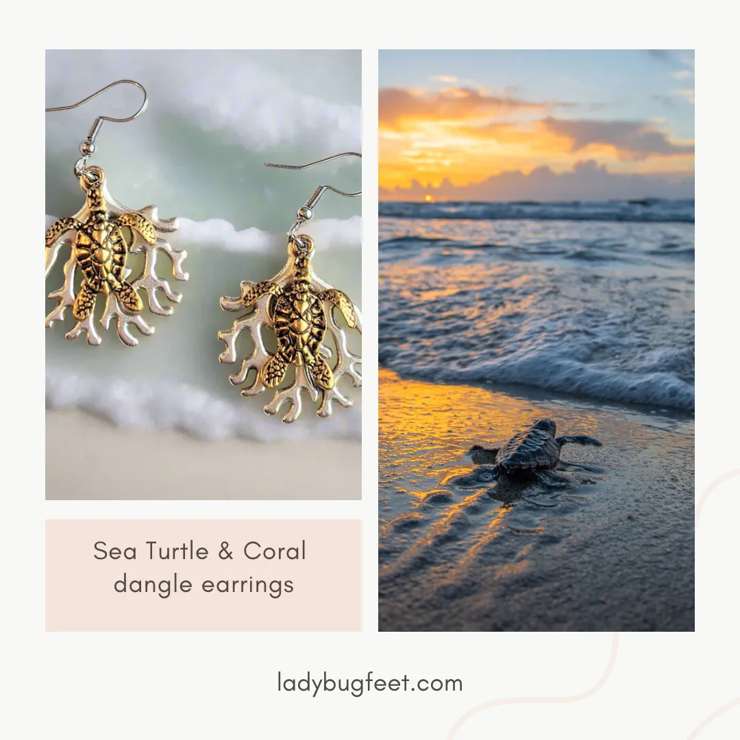 Sea Turtle & Coral dangle earrings, Two-Tone