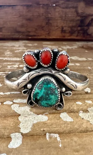 SEE THROUGH Sterling Silver, Coral, Turquoise Cuff 22g