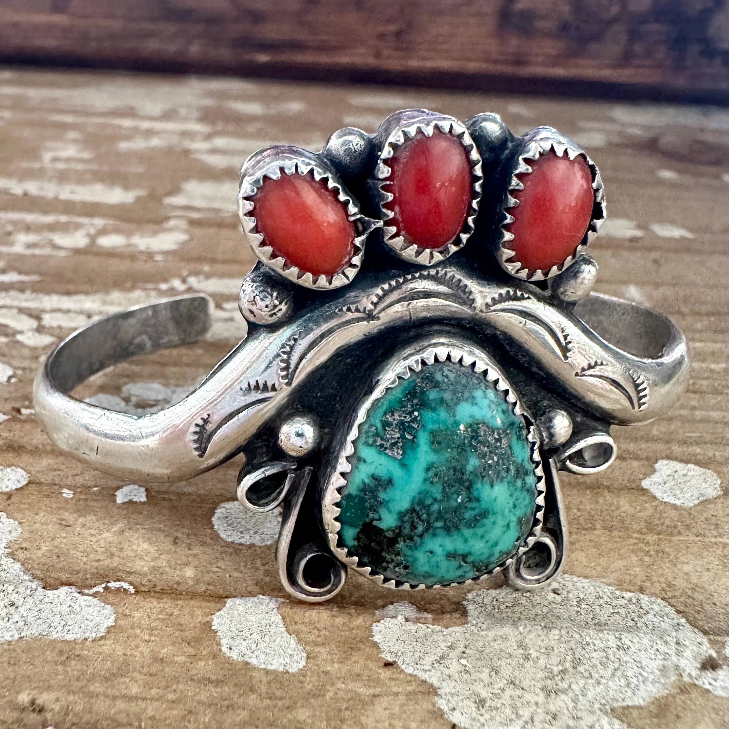 SEE THROUGH Sterling Silver, Coral, Turquoise Cuff 22g