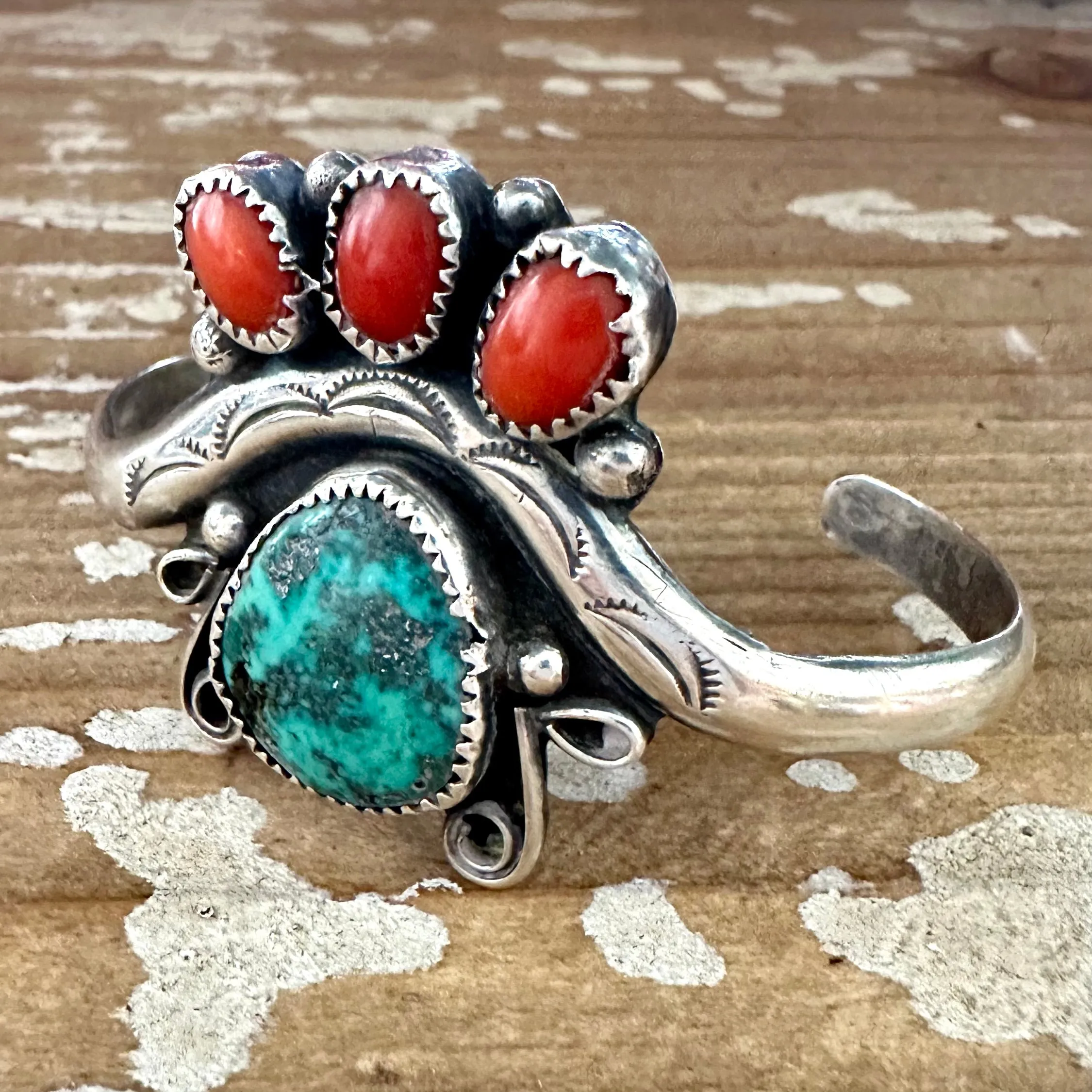 SEE THROUGH Sterling Silver, Coral, Turquoise Cuff 22g