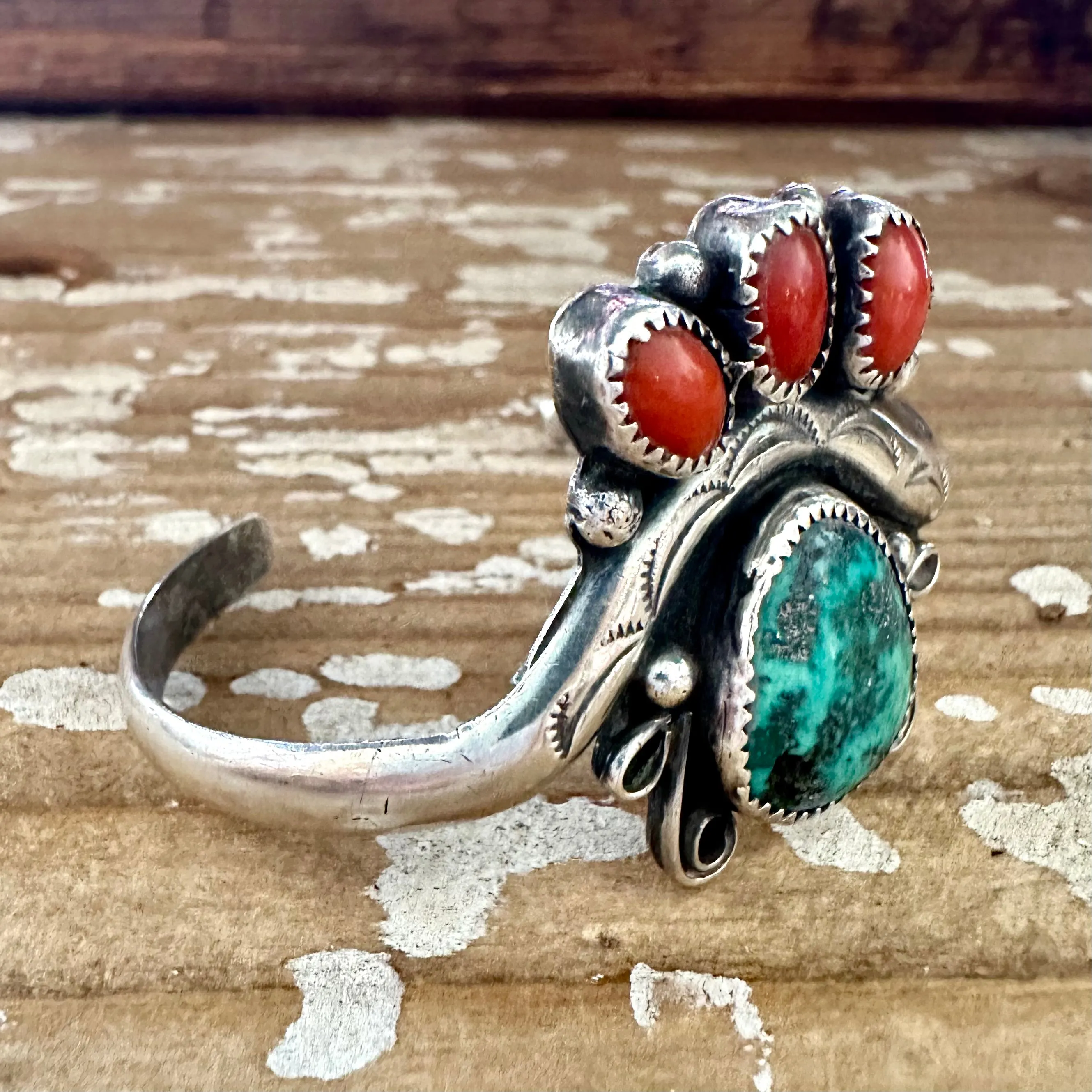 SEE THROUGH Sterling Silver, Coral, Turquoise Cuff 22g