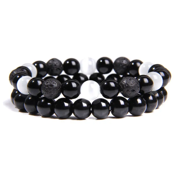 Serene Wisdom Bracelet Set: Selenite, Black Onyx & Lava Stone