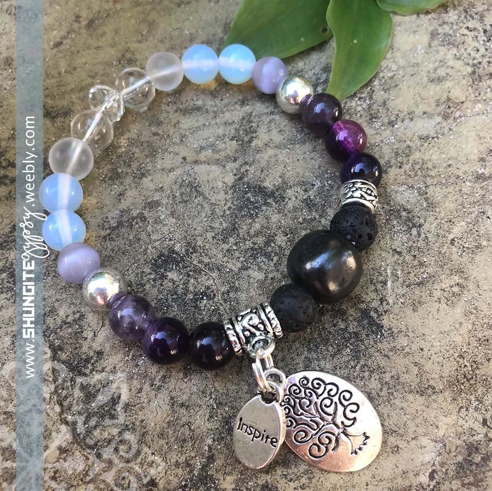 Shungite Amplified CROWN Chakra Bracelet with Tree of Life and INSPIRE Charms ~ Small [#26]