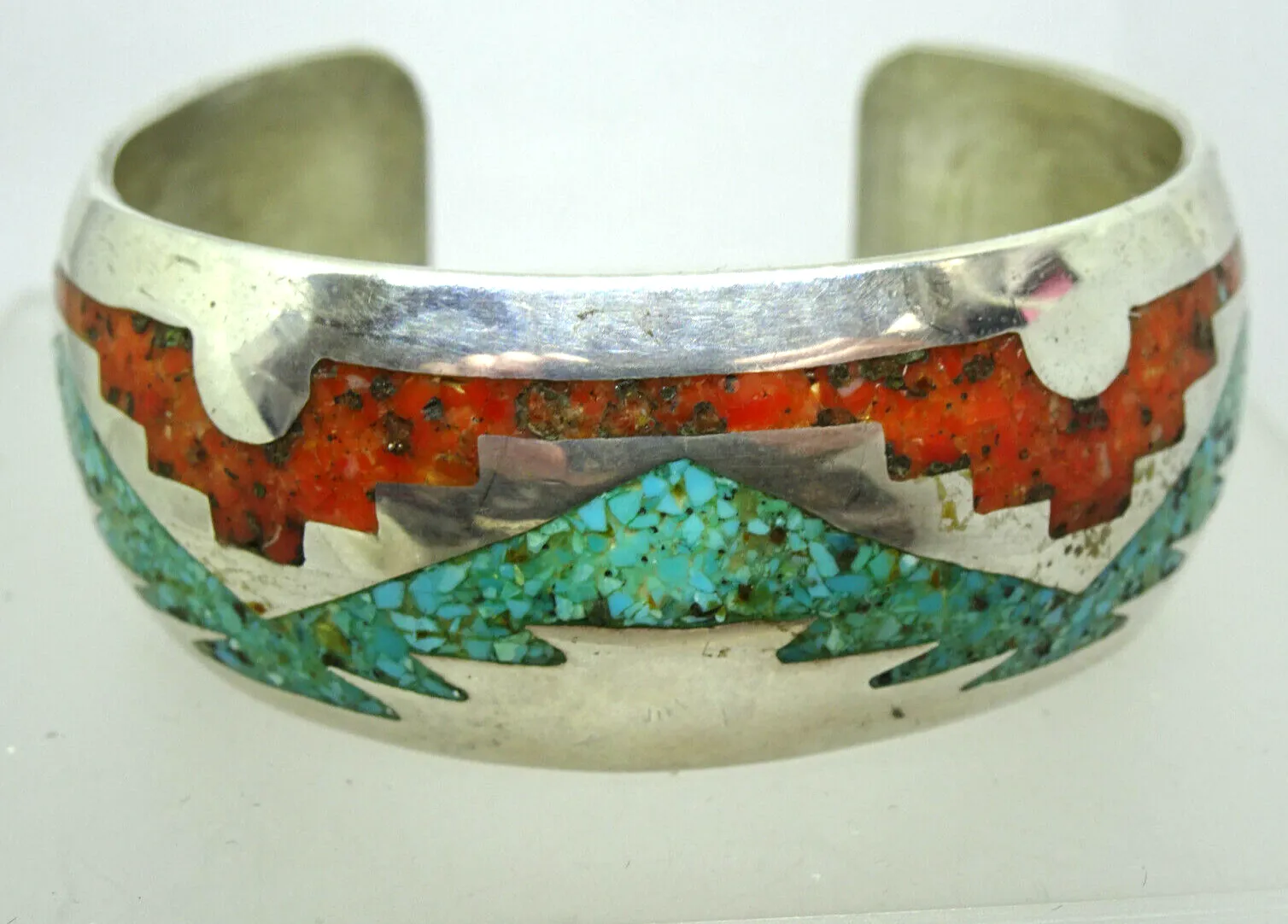 Signed Southwestern Turquoise & Coral Inlay Sterling Silver Cuff Bracelet