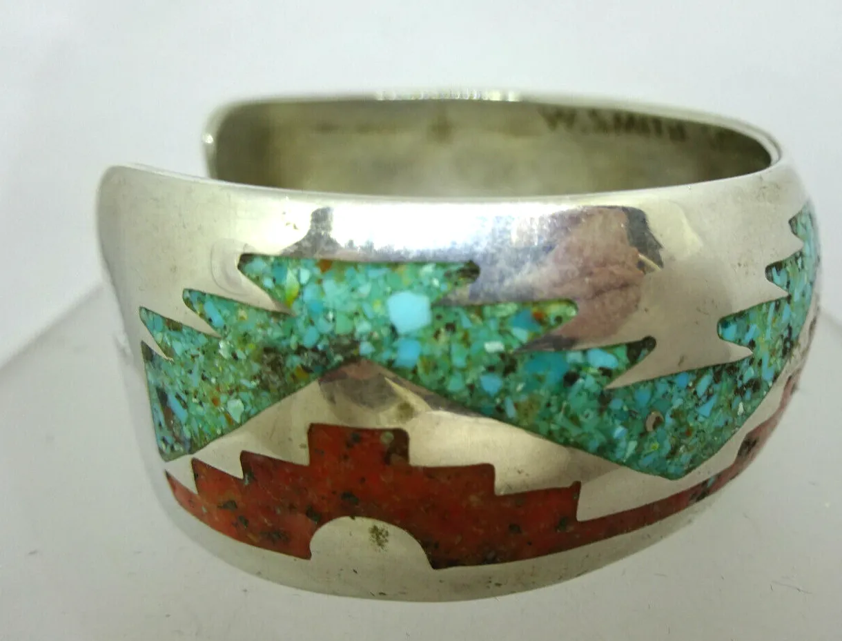 Signed Southwestern Turquoise & Coral Inlay Sterling Silver Cuff Bracelet