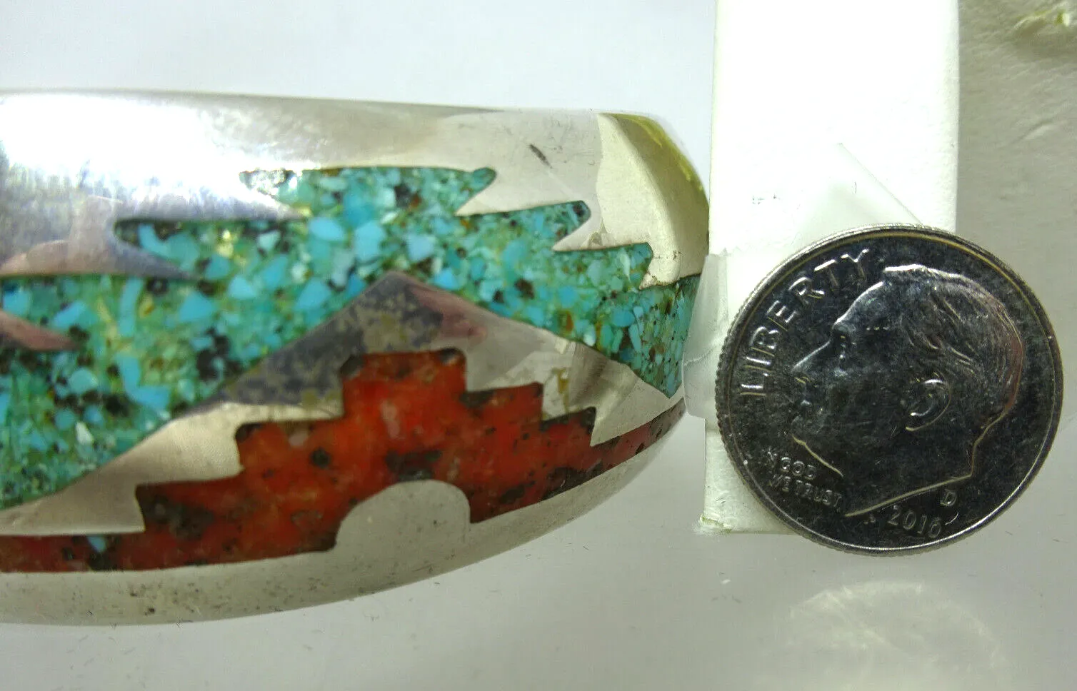 Signed Southwestern Turquoise & Coral Inlay Sterling Silver Cuff Bracelet