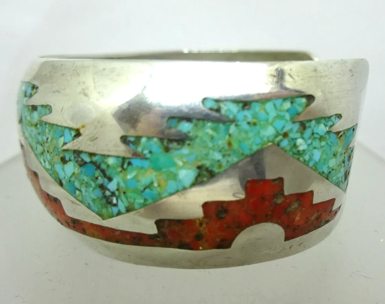 Signed Southwestern Turquoise & Coral Inlay Sterling Silver Cuff Bracelet