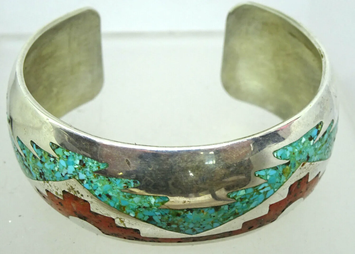 Signed Southwestern Turquoise & Coral Inlay Sterling Silver Cuff Bracelet