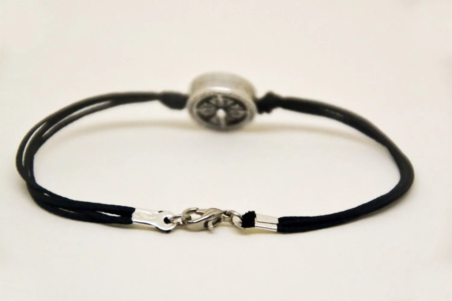 Silver circle bracelet for men, black cord