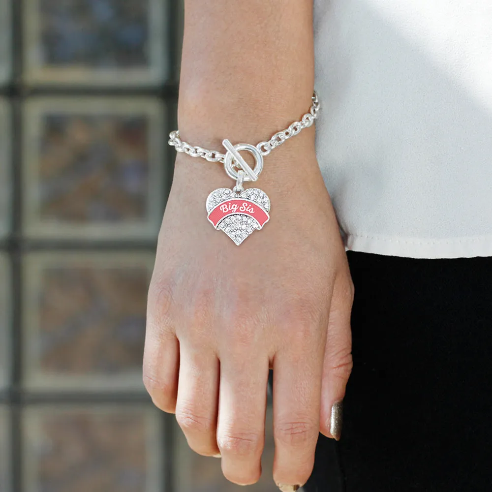 Silver Coral Big Sister Pave Heart Charm Toggle Bracelet