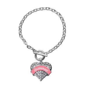 Silver Coral Bridesmaid Pave Heart Charm Toggle Bracelet