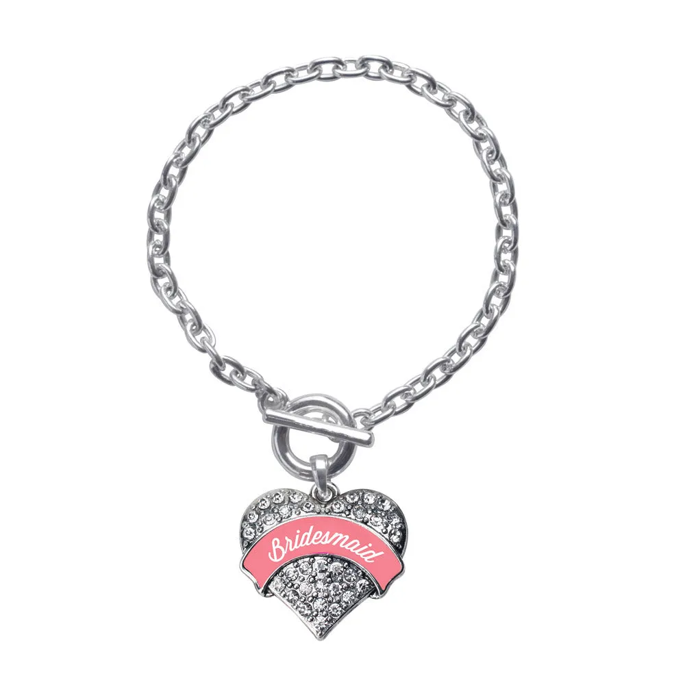 Silver Coral Bridesmaid Pave Heart Charm Toggle Bracelet