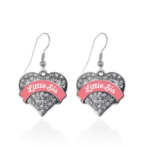 Silver Coral Little Sister Pave Heart Charm Dangle Earrings