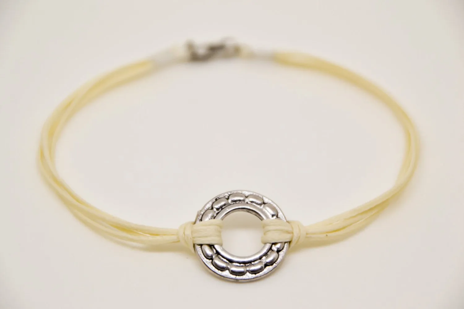 silver karma bracelet for men, beige cord, gift for him