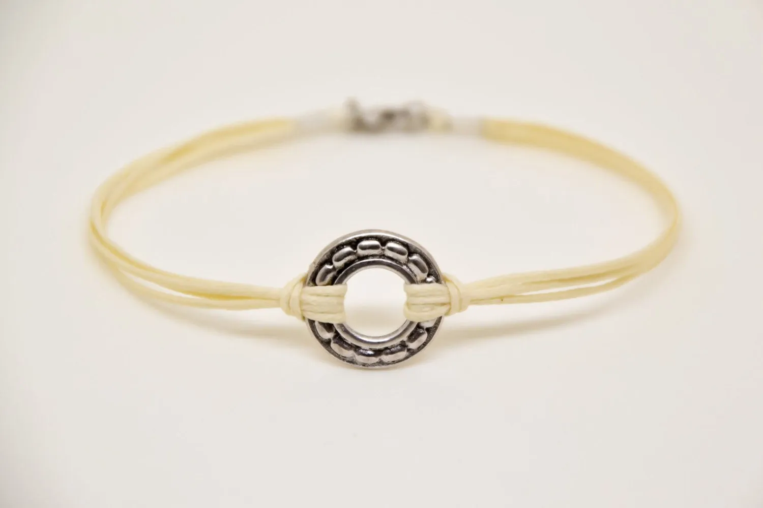 silver karma bracelet for men, beige cord, gift for him