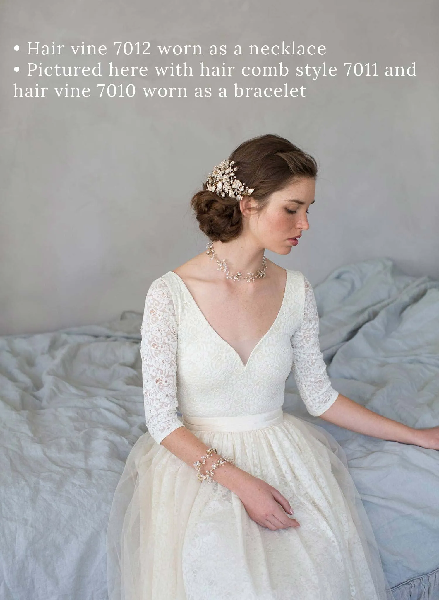 Simple crystal and rose blossom convertible hair vine, necklace, bracelet - Style #7012