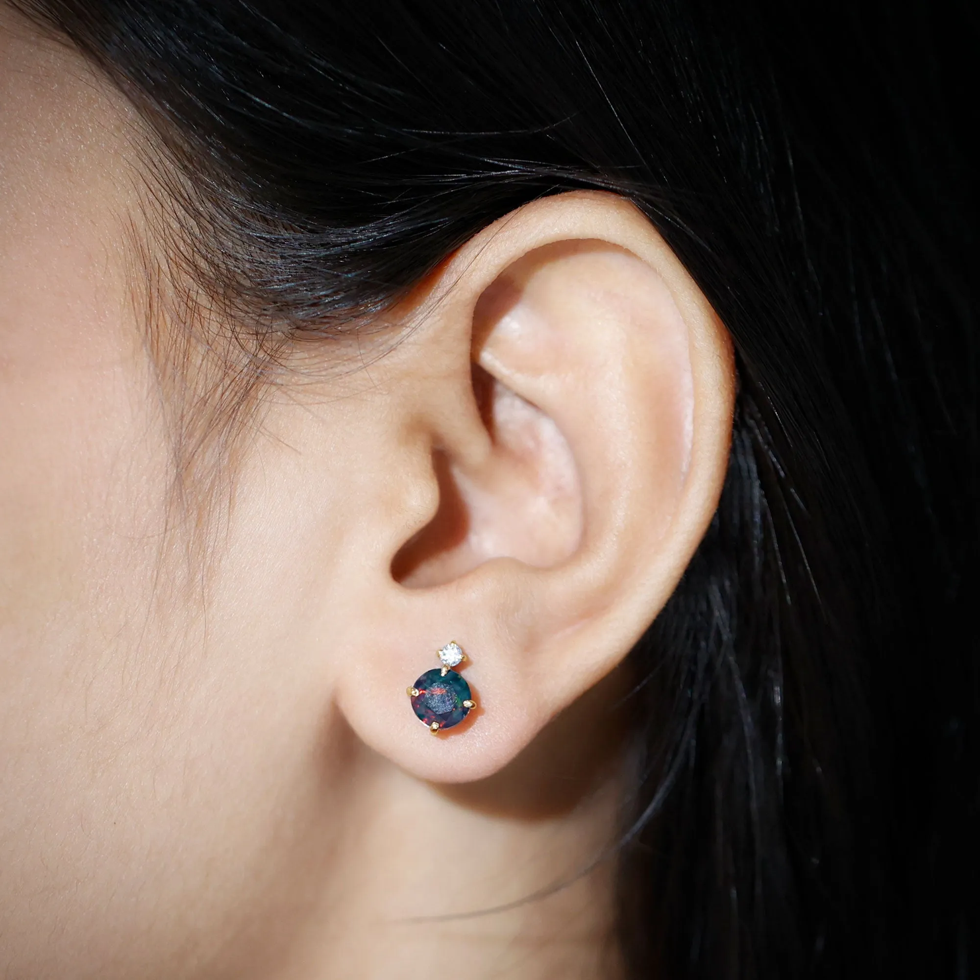 Simple Round Black Opal Solitaire Stud Earrings with Dainty Moissanite