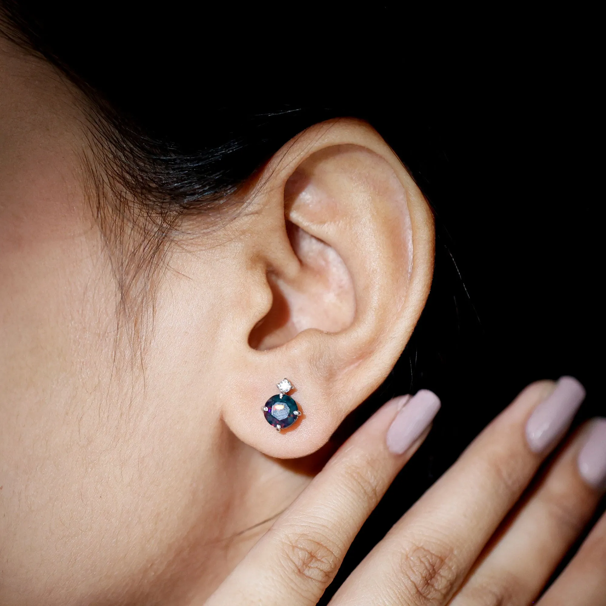 Simple Round Black Opal Solitaire Stud Earrings with Dainty Moissanite