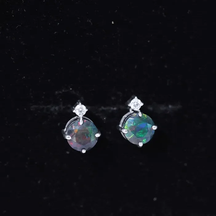 Simple Round Black Opal Solitaire Stud Earrings with Dainty Moissanite