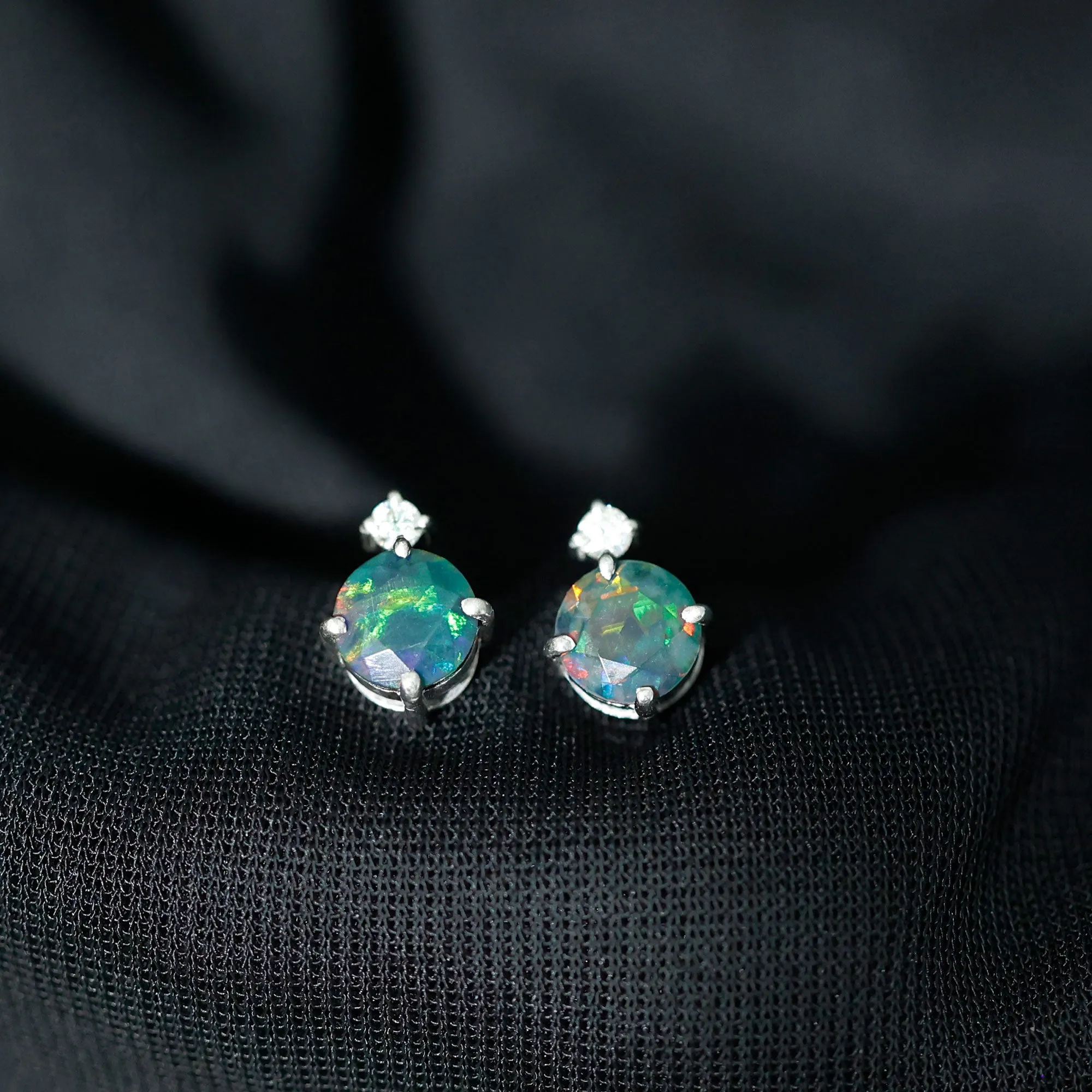 Simple Round Black Opal Solitaire Stud Earrings with Dainty Moissanite