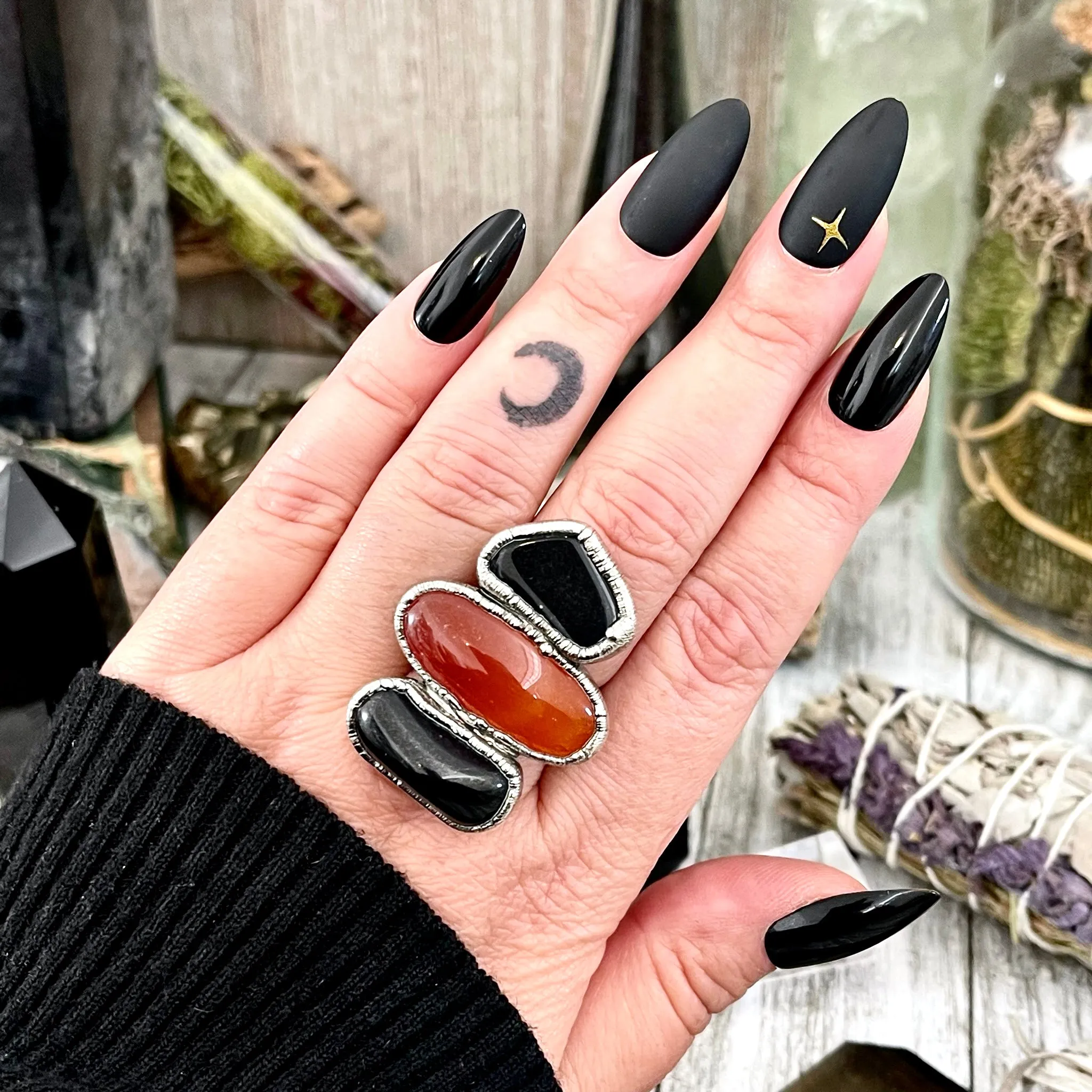 Size 8.5 Crystal Ring - Three Stone Ring Black Onyx Red Carnelian Silver Ring / Foxlark Collection - One of a Kind