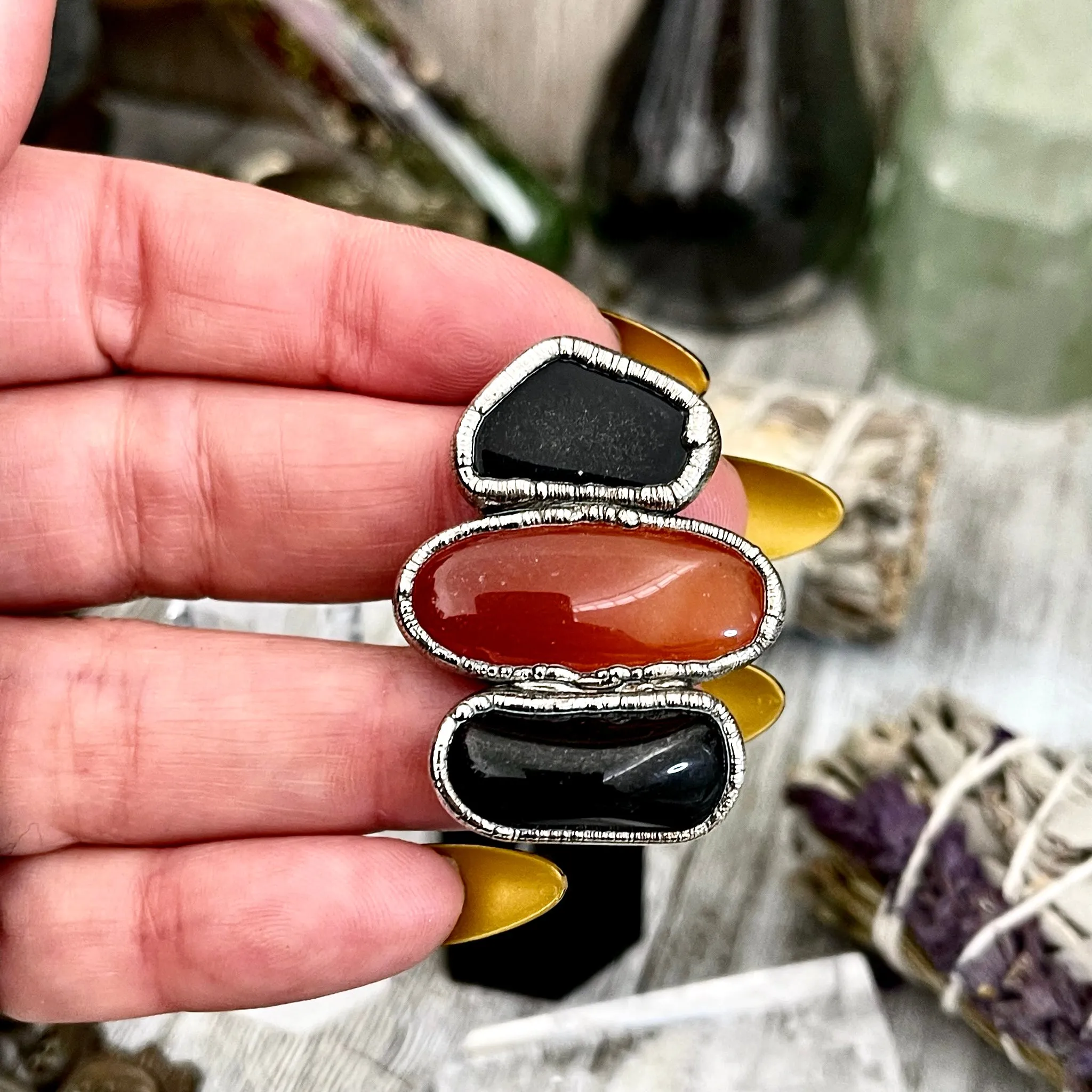 Size 8.5 Crystal Ring - Three Stone Ring Black Onyx Red Carnelian Silver Ring / Foxlark Collection - One of a Kind