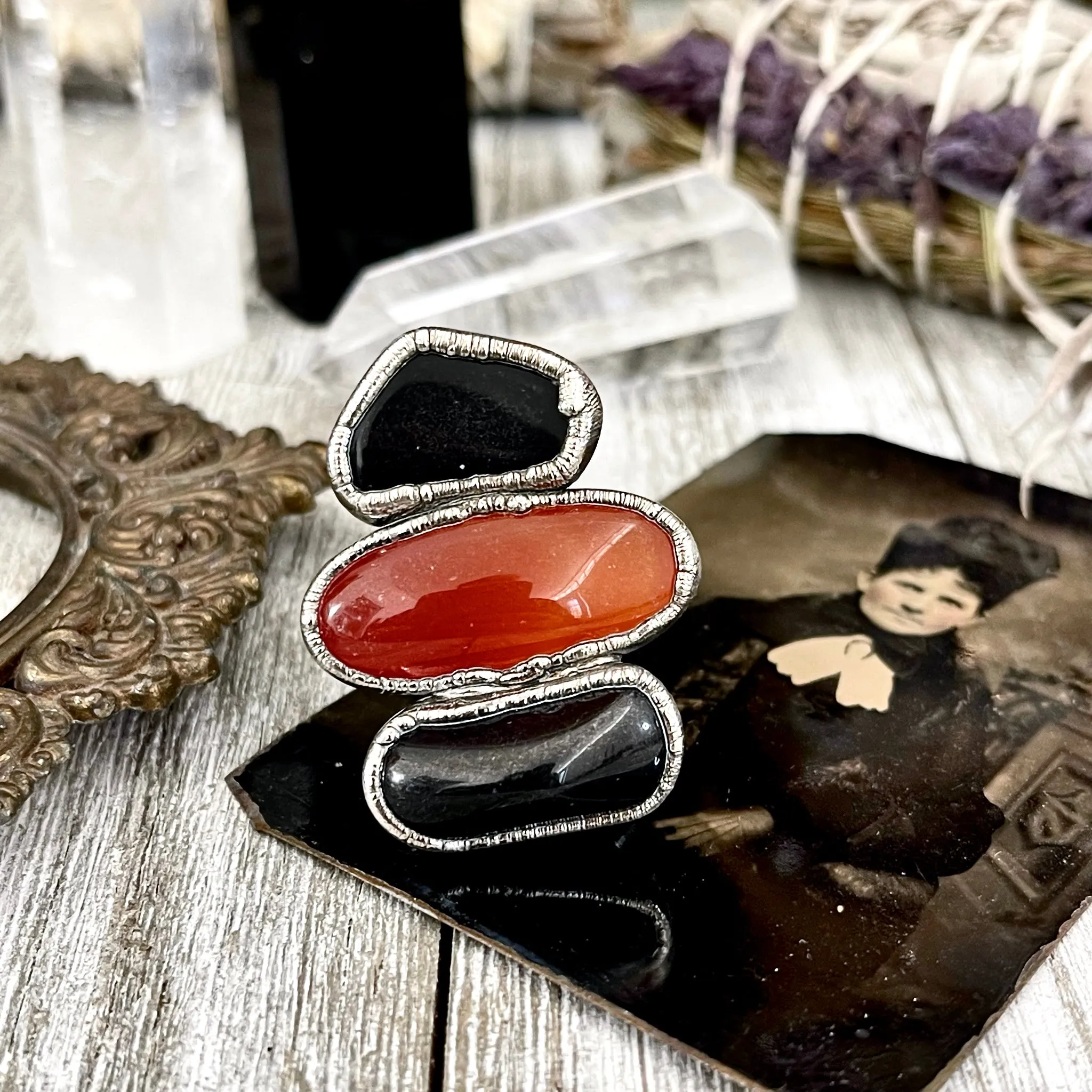 Size 8.5 Crystal Ring - Three Stone Ring Black Onyx Red Carnelian Silver Ring / Foxlark Collection - One of a Kind