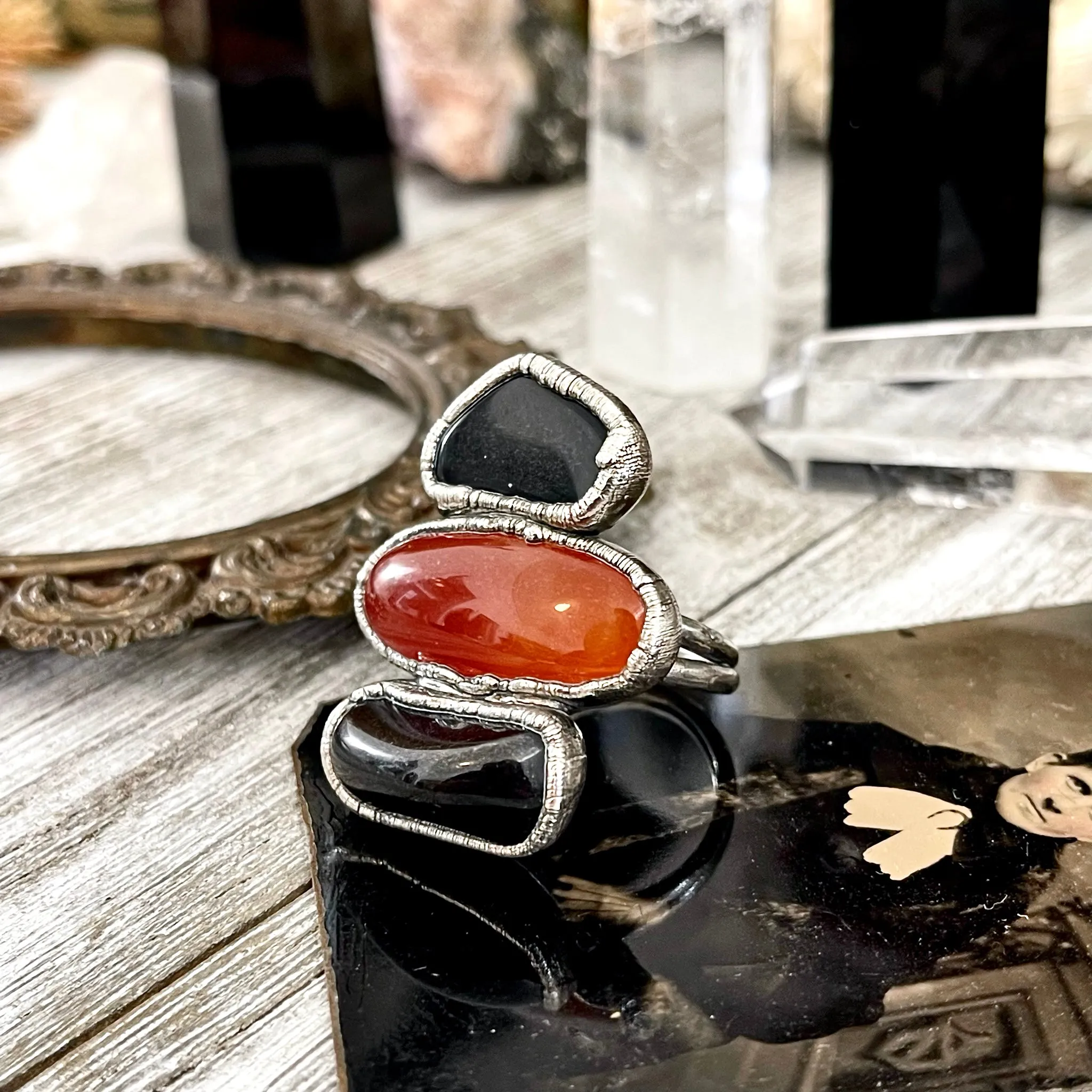 Size 8.5 Crystal Ring - Three Stone Ring Black Onyx Red Carnelian Silver Ring / Foxlark Collection - One of a Kind