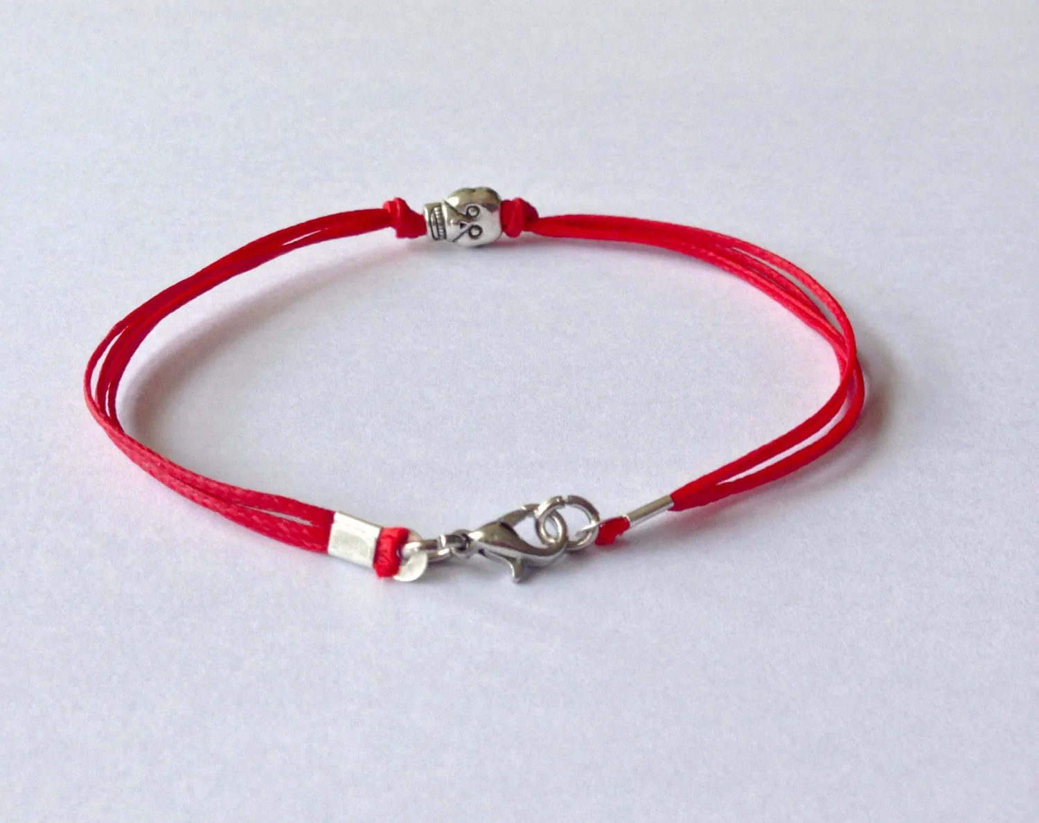 Skull bracelet for men, red cord, silver tone bead, gift for him