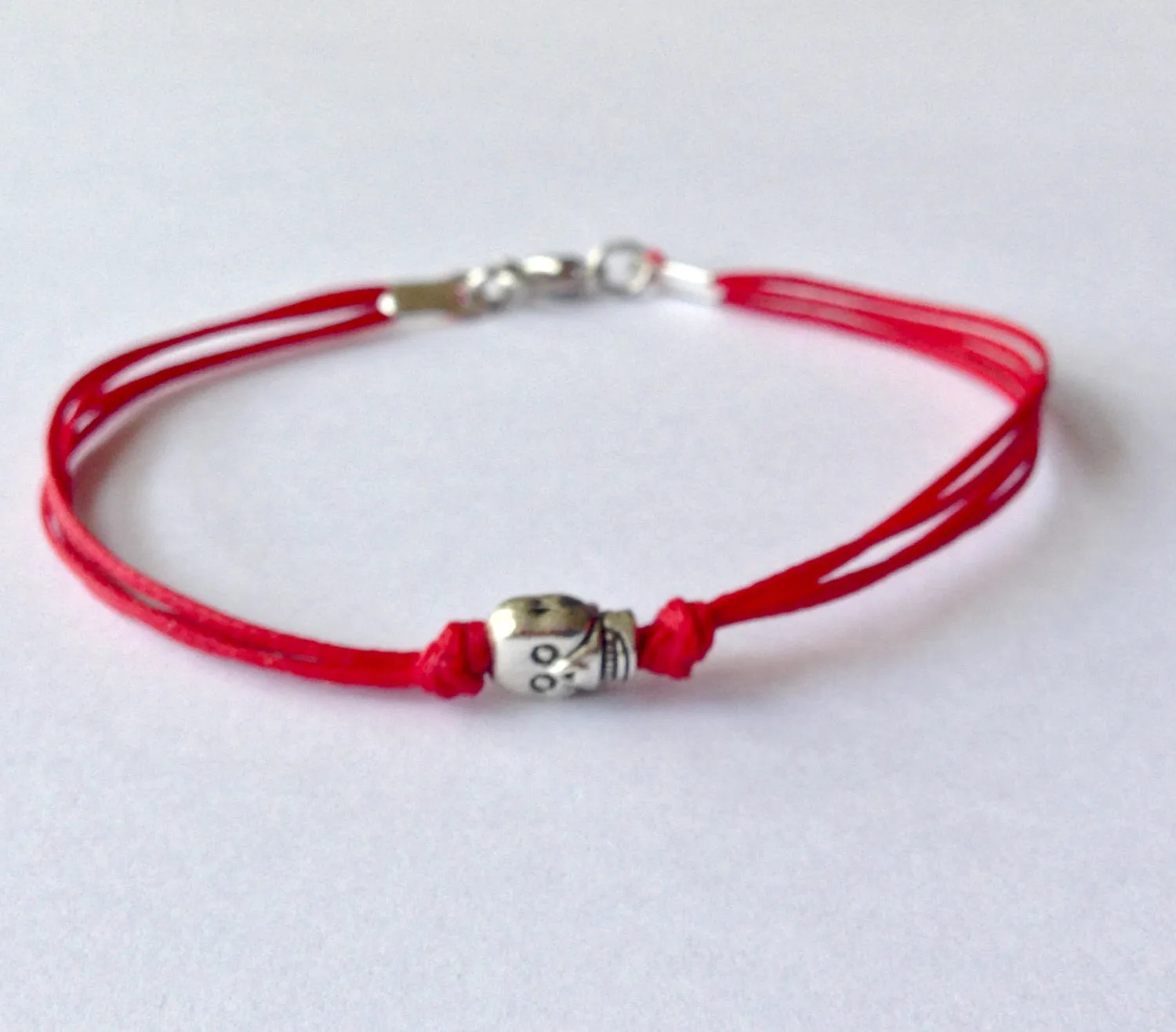 Skull bracelet for men, red cord, silver tone bead, gift for him