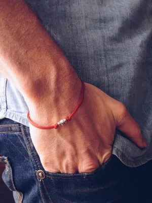 Skull bracelet for men, red cord, silver tone bead, gift for him