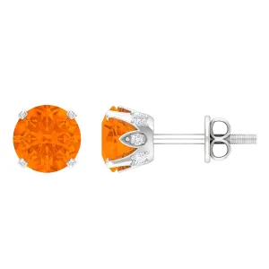 Solitaire Fire Opal Stud Earrings with Diamond Accent