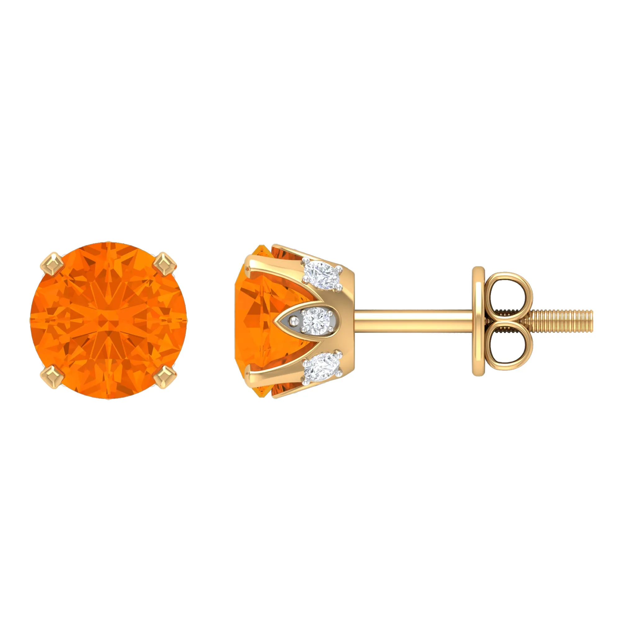 Solitaire Fire Opal Stud Earrings with Diamond Accent